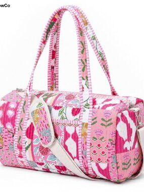 Quilted Cotton Travel Duffle Bag Weekender Overnight Luggage with Shoulder Strap